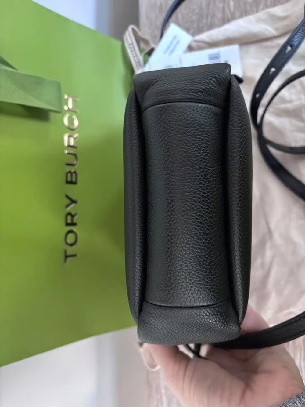 Tory Burch Black Pebbled Leather Crossbody with Gold Button